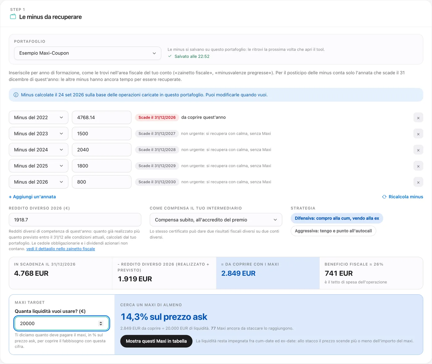 Step 1 del Tool Maxi-Coupon: le minus per annata